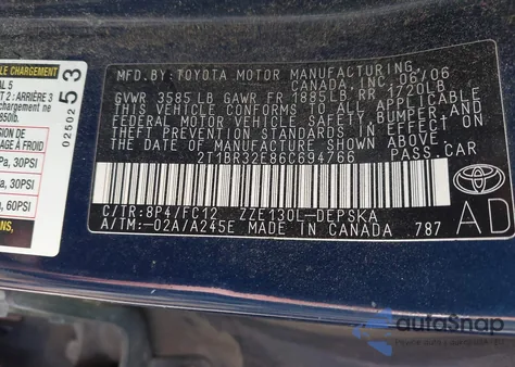 2006 Toyota Corolla S из США, поврежденный, VIN 2T1BR32E86C694766